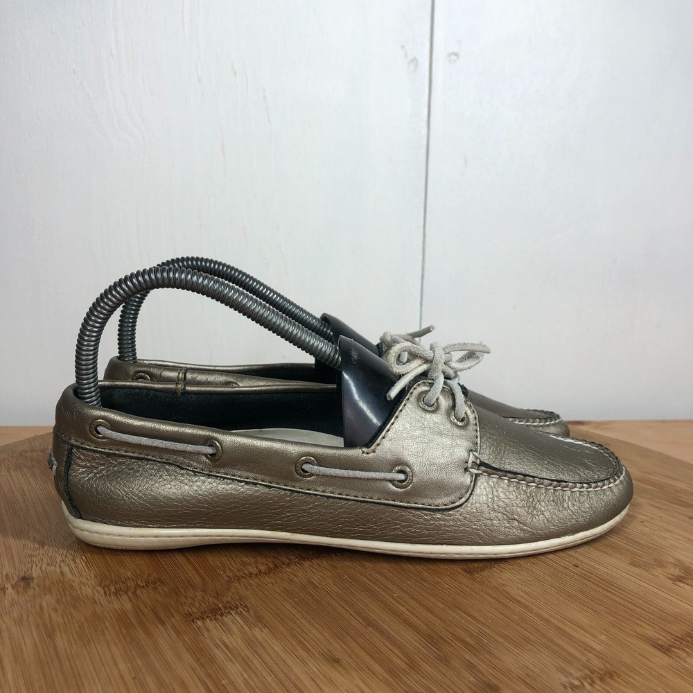ll bean womens size 7.5 shoes gold leather slip on comfort causal boat shoes